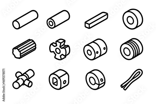 Mechanical Icon Set. Outline icon set of Shafts, keys & couplings: solid shaft, hollow shaft, key, keyway hub, spline shaft, jaw