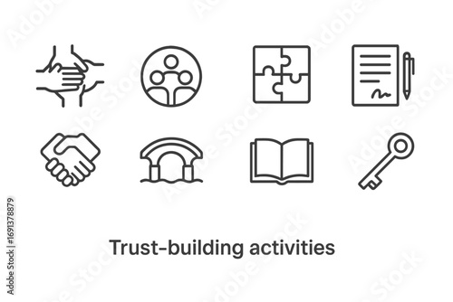 Trust-Building Icon Set. Outline icon set of trust-building activities: joined hands, team symbol, puzzle,