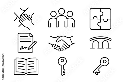 Trust-Building Icon Set. Outline icon set of trust-building activities: joined hands, team symbol, puzzle,