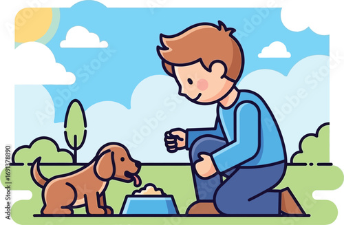 Caring young boy feeding his adorable puppy from a bowl.