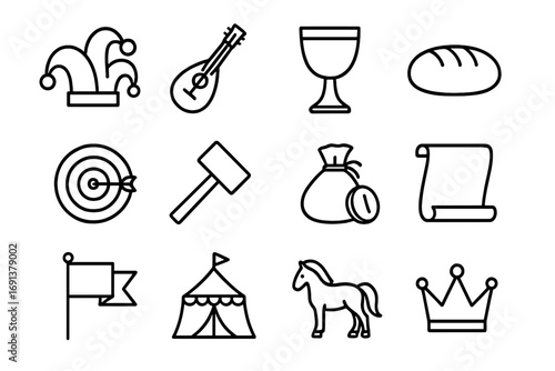 Medieval Fair Icons. Outline icon set of medieval fairs: jester hat, lute, goblet, bread loaf, archery target, blacksmith hammer,