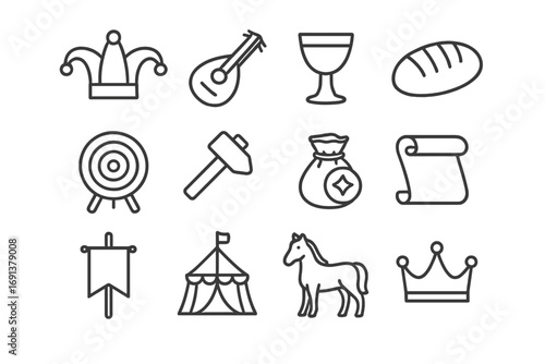 Medieval Fair Icons. Outline icon set of medieval fairs: jester hat, lute, goblet, bread loaf, archery target, blacksmith hammer,