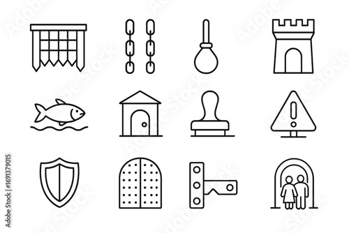 Medieval Gatehouse Icons. Outline icon set of Gatehouse & drawbridge: portcullis, drawbridge chains, counterweight, gatehouse