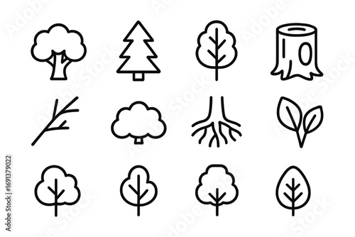 Tree Habitat Icons. Outline icon set of tree habitats: oak tree, pine tree, birch tree, hollow trunk, branch,