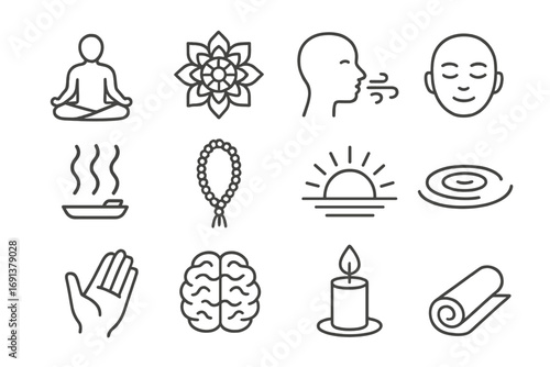 Meditation Icons Grid. Outline icon set of meditation and mindfulness: lotus pose, mandala, breathing icon, calm face, incense