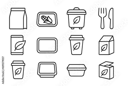 Compostable Packaging Icons. Outline icon set of compostable packaging: paper pouch, cornstarch container,