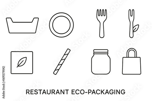 Eco-Packaging Icons Grid. Outline icon set of restaurant eco-packaging: cardboard tray, reusable dish,
