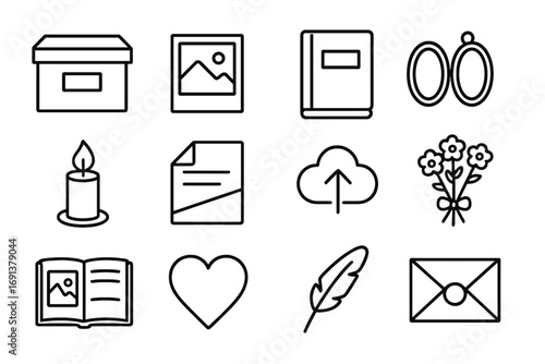 Memory Preservation Icons. Outline icon set of memory preservation: memory box, old photo, journal, keepsake locket, candle flame,