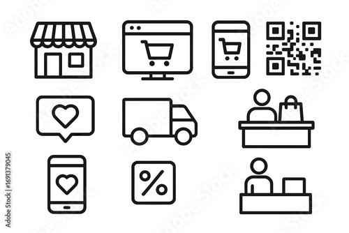 Omnichannel Retail Icons. Outline icon set of omnichannel retail: store icon, website, mobile app, QR code,