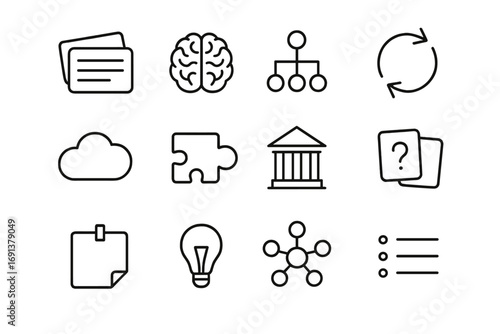Memory Aids Icons. Outline icon set of memory aids and study techniques: flashcards, brain icon, mnemonic chart, repetition loop