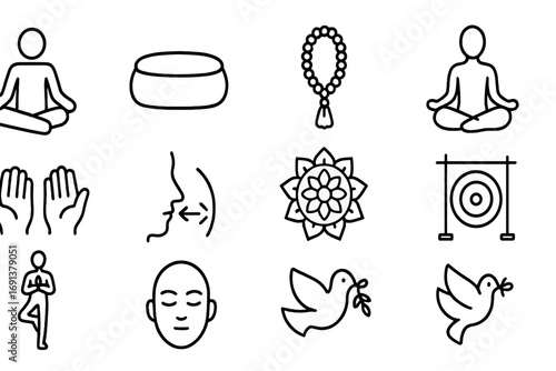 Meditation Icon Set. Outline icon set of meditation practices: person sitting cross-legged, meditation cushion, prayer beads,