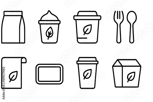 Compostable Packaging Icons. Outline icon set of compostable packaging: paper pouch, cornstarch container,
