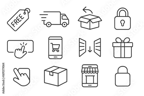 Consumer Convenience Icons. Outline icon set of consumer convenience: free shipping label, fast delivery icon,