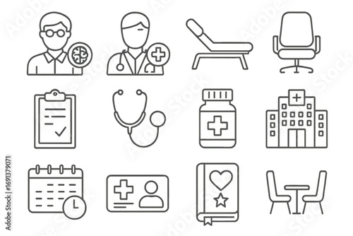 Mental Health Icons. Outline icon set of professional mental health services: psychologist, psychiatrist, therapy couch, office