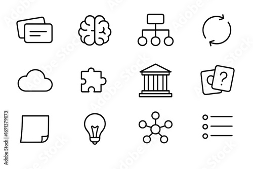 Memory Aids Icons. Outline icon set of memory aids and study techniques: flashcards, brain icon, mnemonic chart, repetition loop