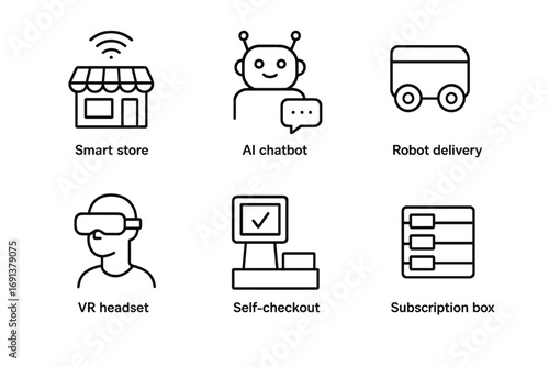 Future Retail Icon Set. Outline icon set of future retail concepts: smart store, AI chatbot, robot delivery,