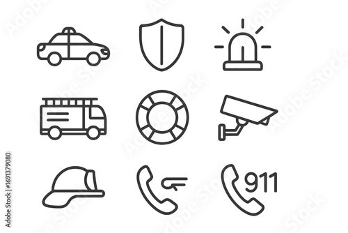 Public Safety Icons. Outline icon set of public safety: police car, shield, emergency siren, fire truck,