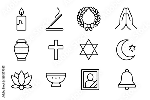 Memorial Rituals Icons. Outline icon set of memorial rituals: lit candle, incense stick, wreath, folded hands, funeral urn, cross,