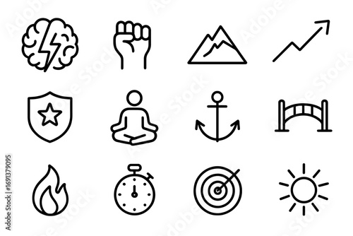 Mental Strength Icons. Outline icon set of Mental strength icons: brain with lightning, clenched fist, mountain silhouette, rising
