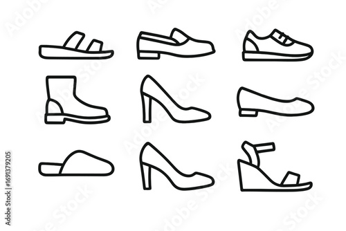 Shoe Icon Grid. Outline icon set of shoe designs for all sizes: sandals, loafers, sneakers, boots, heels,
