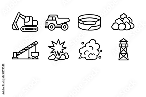 Open-Pit Mining Icons. Outline icon set of open-pit mining: excavator, dump truck, layered pit, rock pile,
