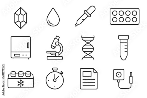 Microgravity Protein Icons. Outline icon set of microgravity protein crystallization: crystal icon, droplet, pipette, well plate,