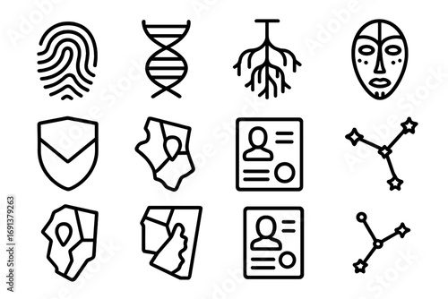 Identity Icons Grid. Outline icon set of personal identity and roots: fingerprint, DNA helix, tree roots,