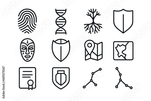 Identity Icons Grid. Outline icon set of personal identity and roots: fingerprint, DNA helix, tree roots,
