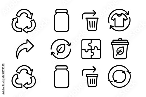 Circular Economy Icons. Outline icon set of circular economy: closed recycling loop, reusable container, waste