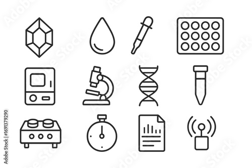 Microgravity Protein Icons. Outline icon set of microgravity protein crystallization: crystal icon, droplet, pipette, well plate,