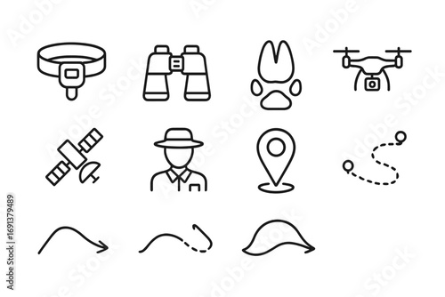 Animal Tracking Icons. Outline icon set of tracking animal herds: GPS collar, binoculars, footprint, drone,
