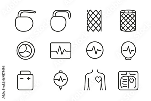 Cardiac Device Icons Grid. Outline icon set of cardiac devices: pacemaker, defibrillator, stent, artificial