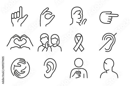 Sign Language Icons. Outline icon set of sign language: hand gestures, fingerspelling letters, hands forming