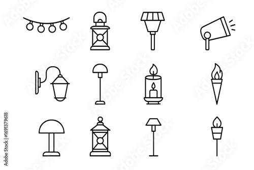 Garden Lighting Icons. Outline icon set of garden lighting: string lights, lantern, solar lamp, spotlight,
