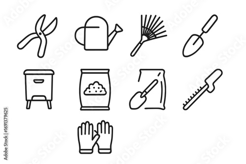 Garden Tools Icons. Outline icon set of garden maintenance: pruning shears, watering can, rake, trowel,