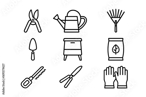 Garden Tools Icons. Outline icon set of garden maintenance: pruning shears, watering can, rake, trowel,
