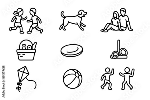 Family Outdoor Icons. Outline icon set of family time outdoors: children playing, dog running, parents
