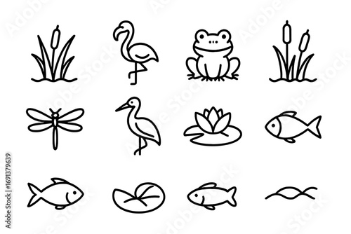 Wetland Icon Set. Outline icon set of wetland ecosystems: reeds, flamingo, frog, cattails, dragonfly, stork,