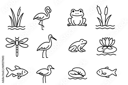 Wetland Icon Set. Outline icon set of wetland ecosystems: reeds, flamingo, frog, cattails, dragonfly, stork,