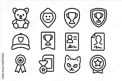 Esports Collectibles Icon Set. Outline icon set of Esports fan collectibles: plush toy, enamel pin, patch, cap