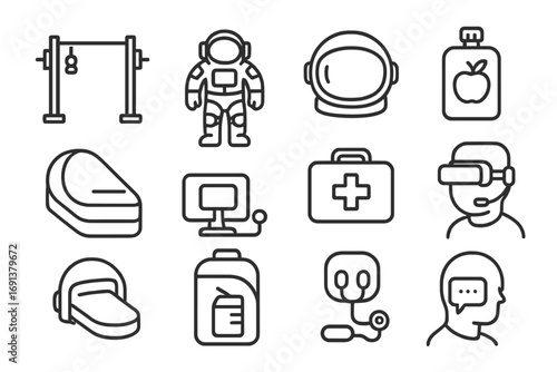 Space Adaptation Icons. Outline icon set of Human adaptation to space: exercise equipment, spacesuit, helmet,