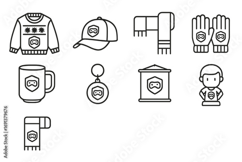 Esports Merchandise Icons. Outline icon set of Esports seasonal merchandise: holiday sweater, summer cap,