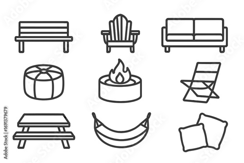 Outdoor Seating Icons. Outline icon set of Outdoor seating around fire pit: wooden bench, Adirondack chair,