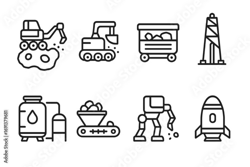 Space Mining Icons. Outline icon set of Space mining and resources: asteroid miner, regolith extractor, ore