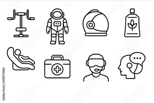 Space Adaptation Icons. Outline icon set of Human adaptation to space: exercise equipment, spacesuit, helmet,
