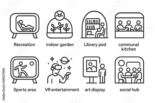 Space Lifestyle Icons. Outline icon set of Space lifestyle concepts: recreation module, indoor garden, library