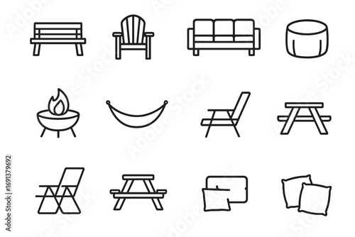 Outdoor Seating Icons. Outline icon set of Outdoor seating around fire pit: wooden bench, Adirondack chair,