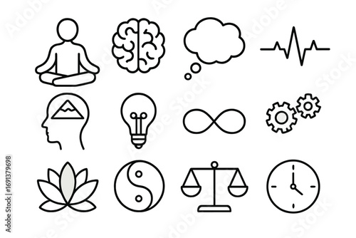 Mindfulness Icon Set. Outline icon set of Mind over matter: meditating person, open brain, thought bubble, heartbeat line,