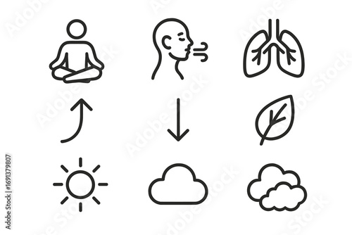 Mindful Breathing Icons. Outline icon set of Mindful breathing in daily life: sitting person, deep breath,