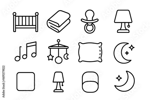 Sleeping Routines Icons. Outline icon set of Sleeping routines: crib, blanket, pacifier, night lamp, lullaby
